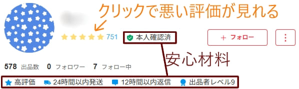 メルカリのプロフィール画面。
星をクリックで悪い評価が見れる。
本人確認済や高評価バッチ、24時間以内発送、12時間以内返信、出品者レベルが高いと安心材料に。
